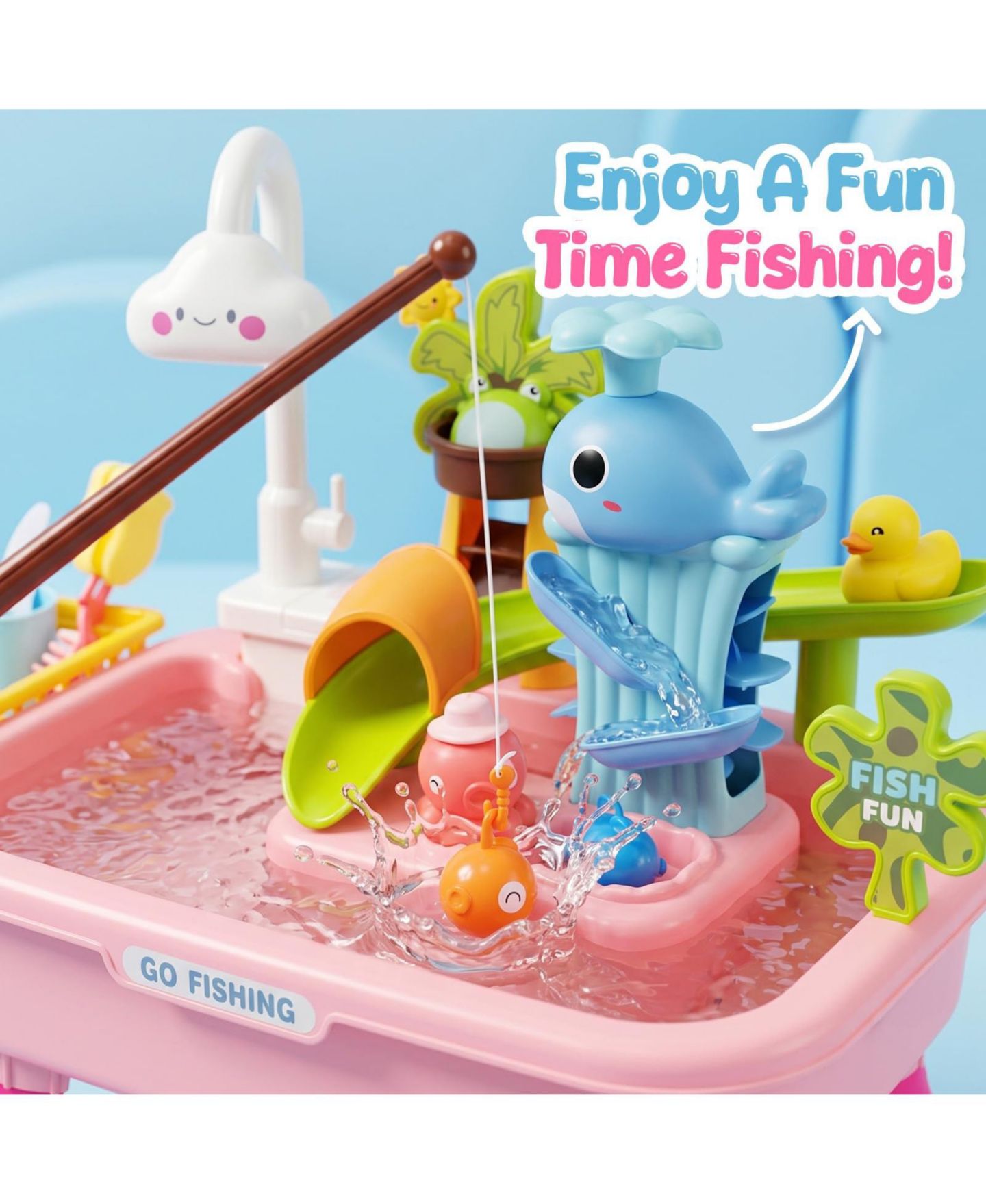 Детские игрушки GNUADZ 4-in-1 Sand Water Table with Electric Pump & Fishing Game, Ages 2+, цвет: Розовый — фото 2