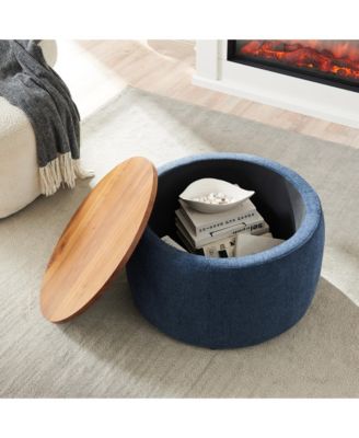 Linen Upholstered Round Storage Ottoman, End Table Foot Stool with Wooden Lid Tray for Living Room