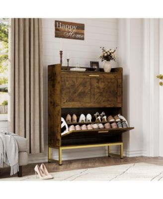 Entryway shoe cabinet with double-layer flip-top drawers, adjustable shelves, and a dust-proof back panel freestanding entryway storage cabinet