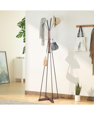 Freestanding Coat Rack, Wood & Metal Coat Hanger Stand with Hooks, Multifunctional Home Furniture for Bedroom and Living Room
