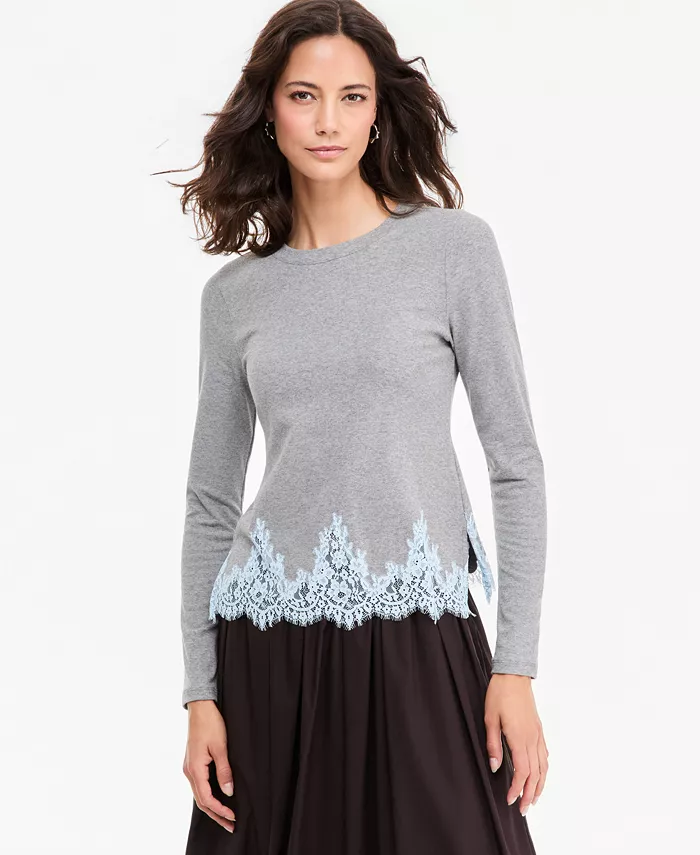 Women's Long-Sleeve Lace-Trim Knit Top