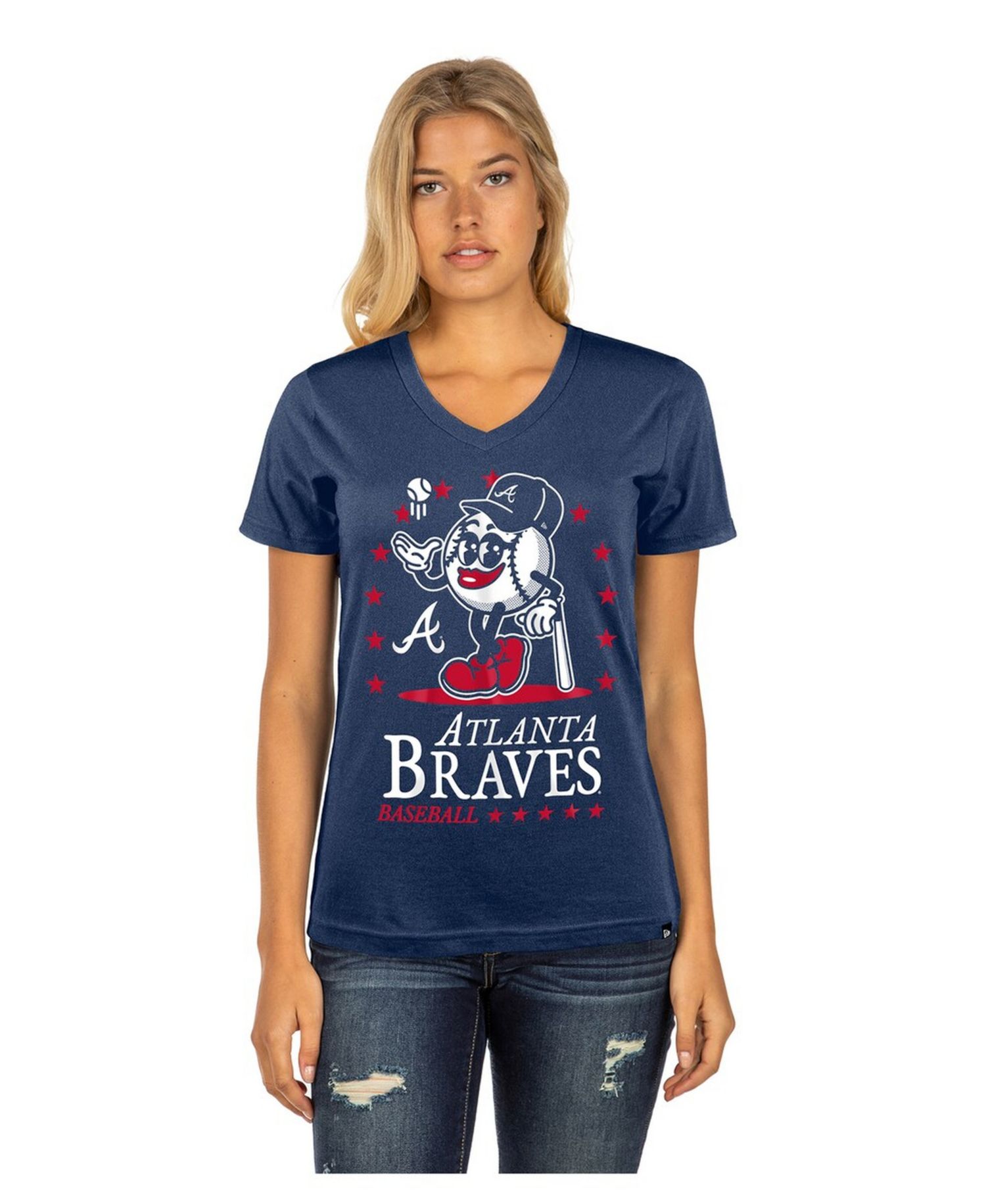 Women's Navy Atlanta Braves Little Miss 2 V-Neck T-Shirt
