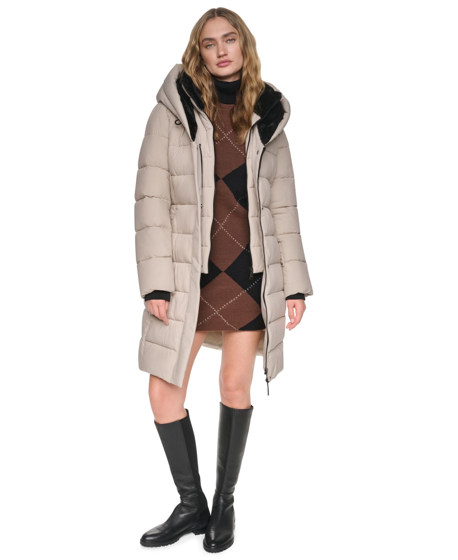 Women's Belted Walker with Faux Fur Hood and Bib Coat