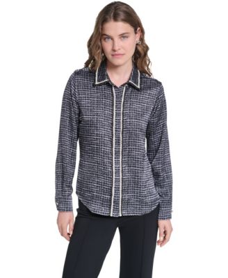 Petite Print Tweed Trim Top