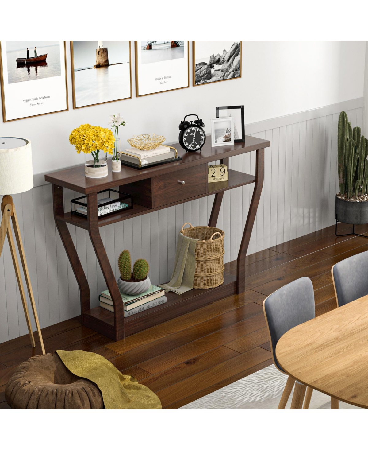 Gouun Slim Sofa Console Accent Table with Drawer and Tiered Shelves