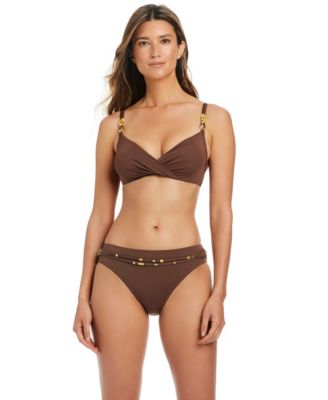 Women's Draped Underwire Bikini Top and Belted Hipster Swim Bottoms