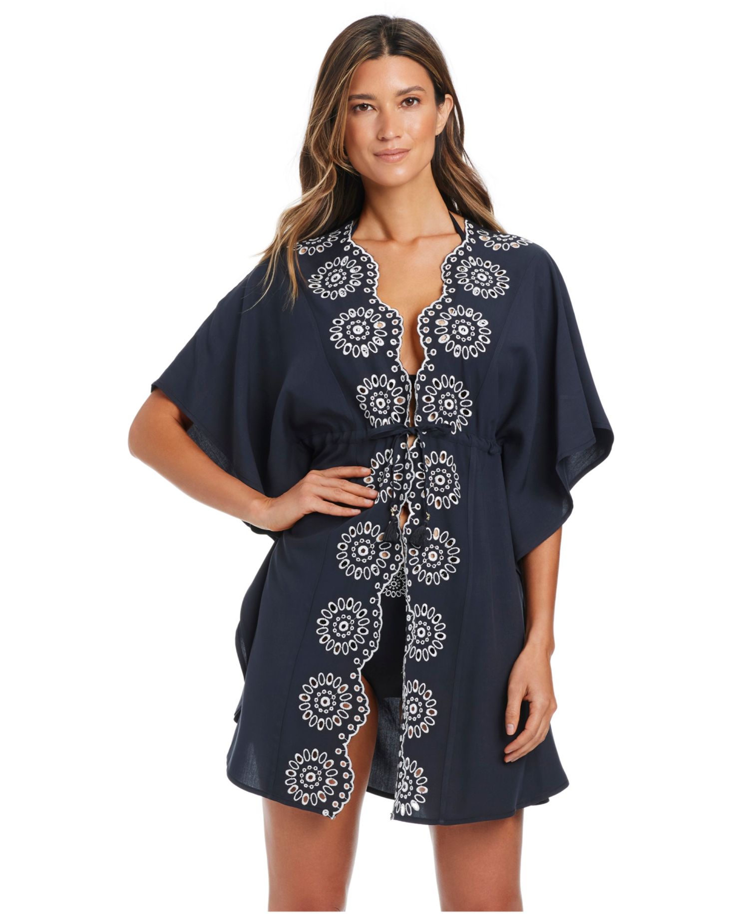 Women's Eyelet Open-Front Swim Cover-Up Caftan