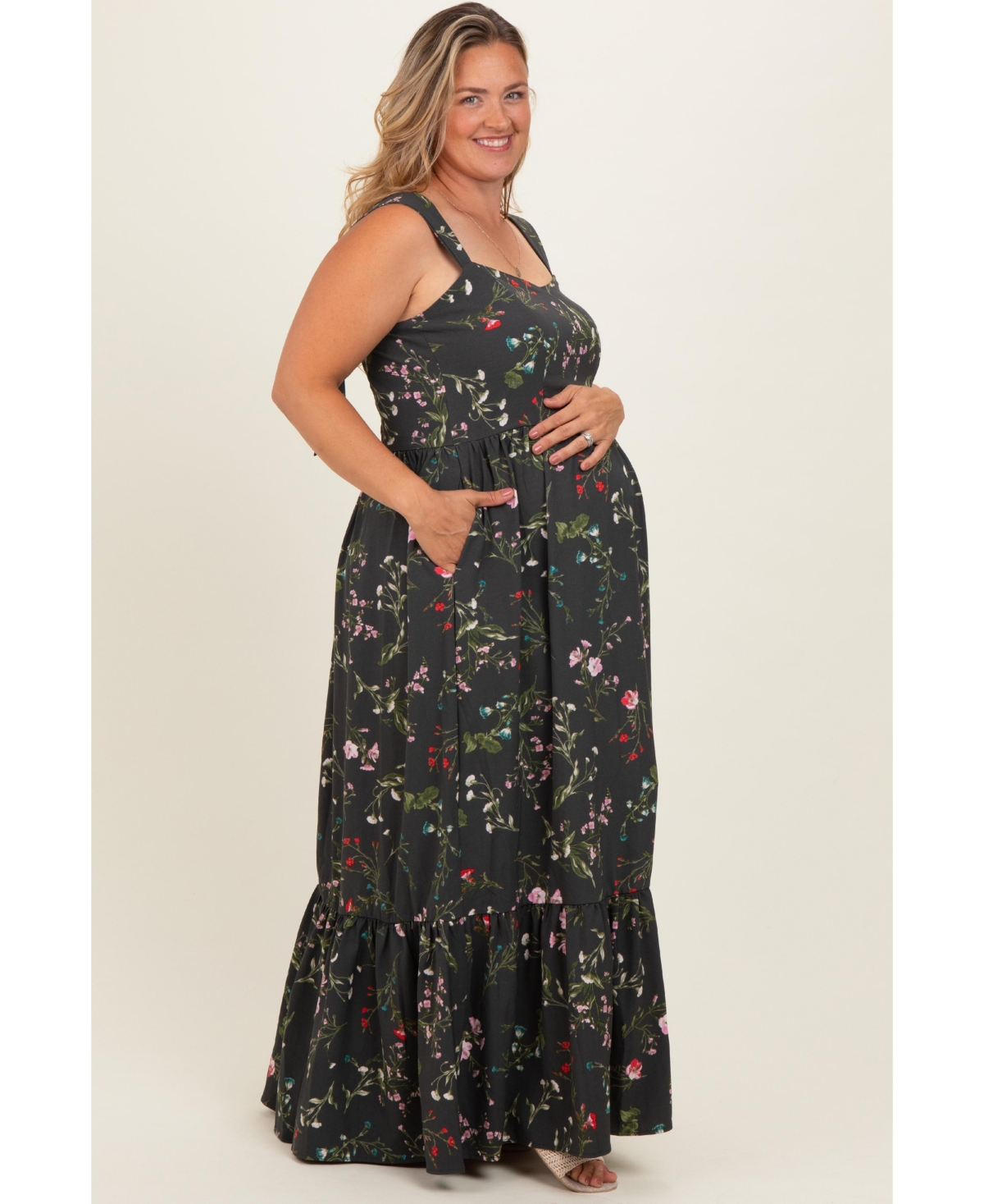 Pinkblush Plus Forest Green Floral Bow Strap Maxi Dress