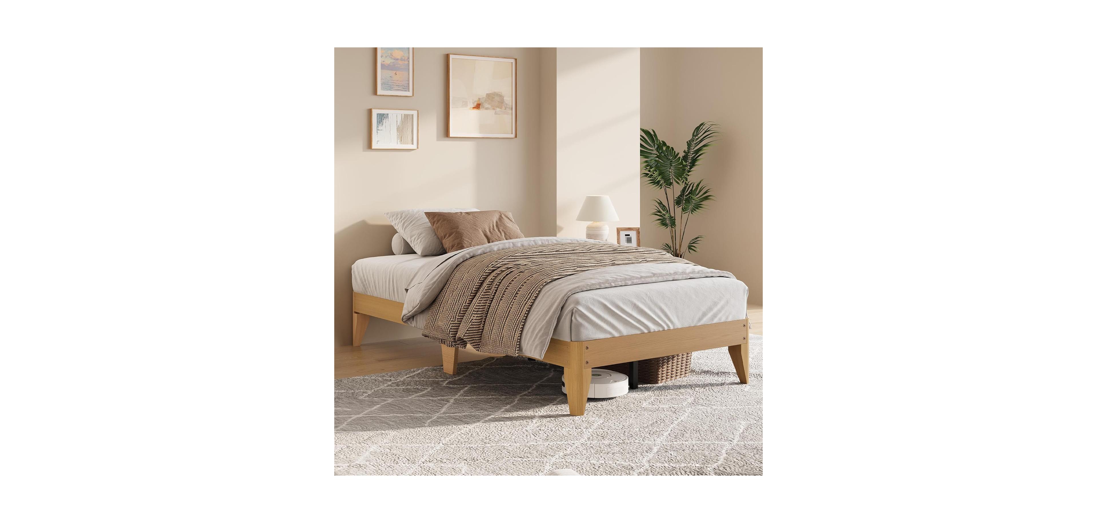 gaomon Wood Platform Bed Frame, Solid Wooden Legs and Wooden Slats Support, Sturdy Metal Central Structure, No Box Spring Needed