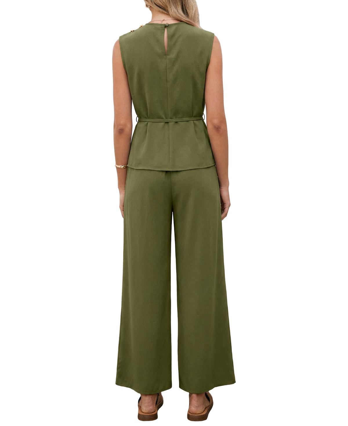 Cupshe Women's Elegant Crew Neck Belted Top and Wide Leg Pants Two-Piece Set