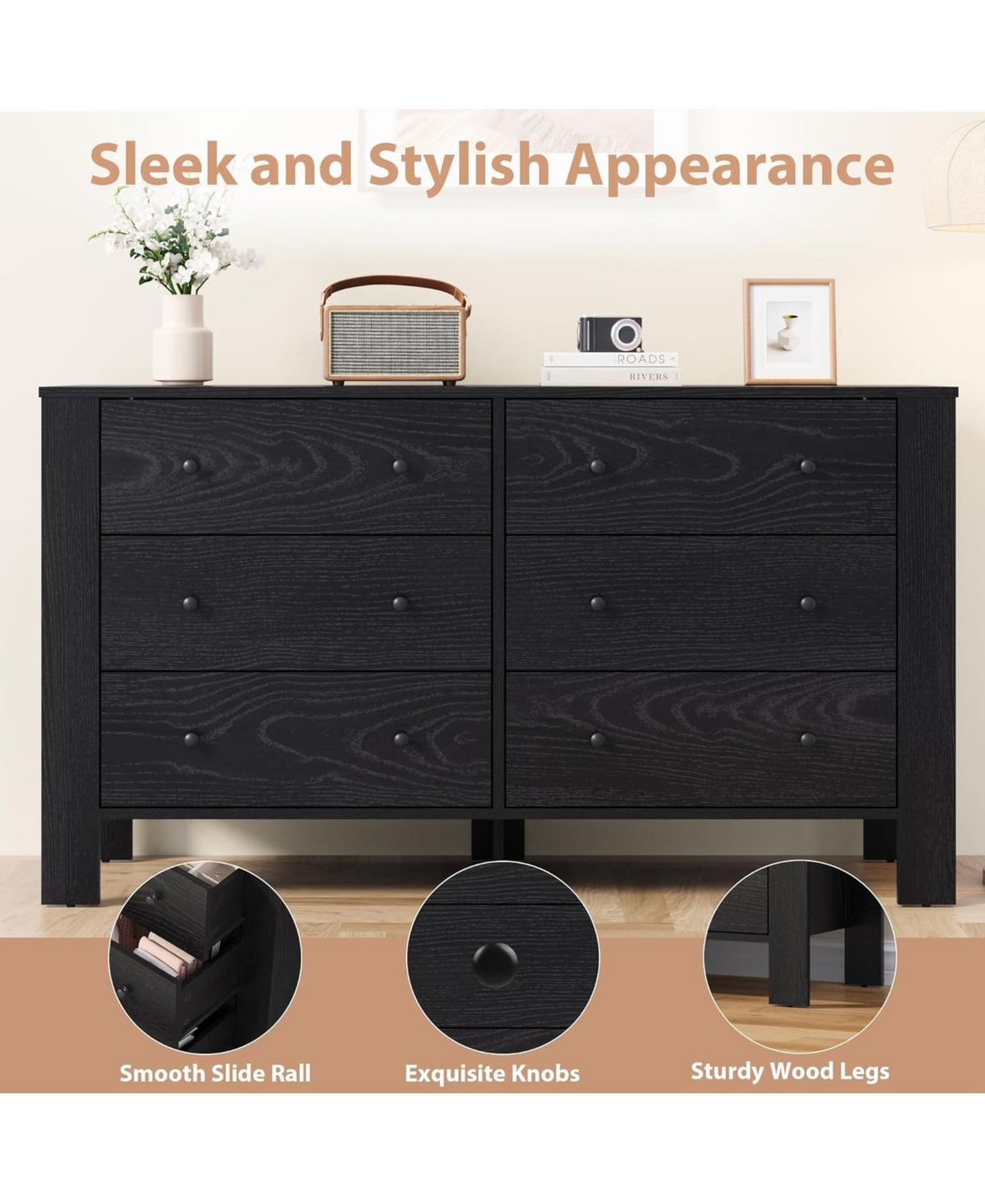 gaomon 6 Drawer Dresser for Bedroom, Modern Wide Organizer with Storage Drawers, Wooden Chests of Drawers Entryway, Hallway.