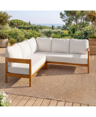 Outdoor Patio Sectional Sofa, Solid Wood L-Shaped Conversation Set with Cushions-Asagikoiai