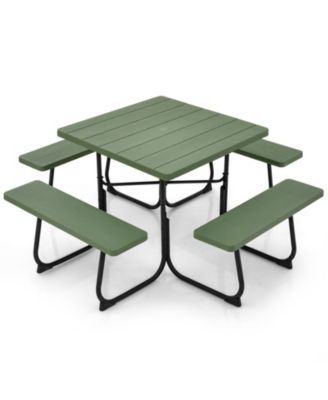Outdoor Picnic Table 8-person Square Picnic Table Bench Set with 4 Benches and Umbrella Hole