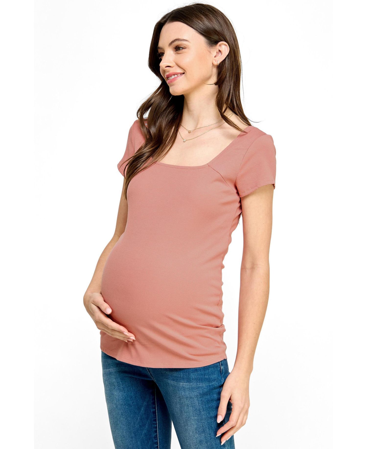 Women's Maternity Ribbed Square Neck Short Sleeve Top