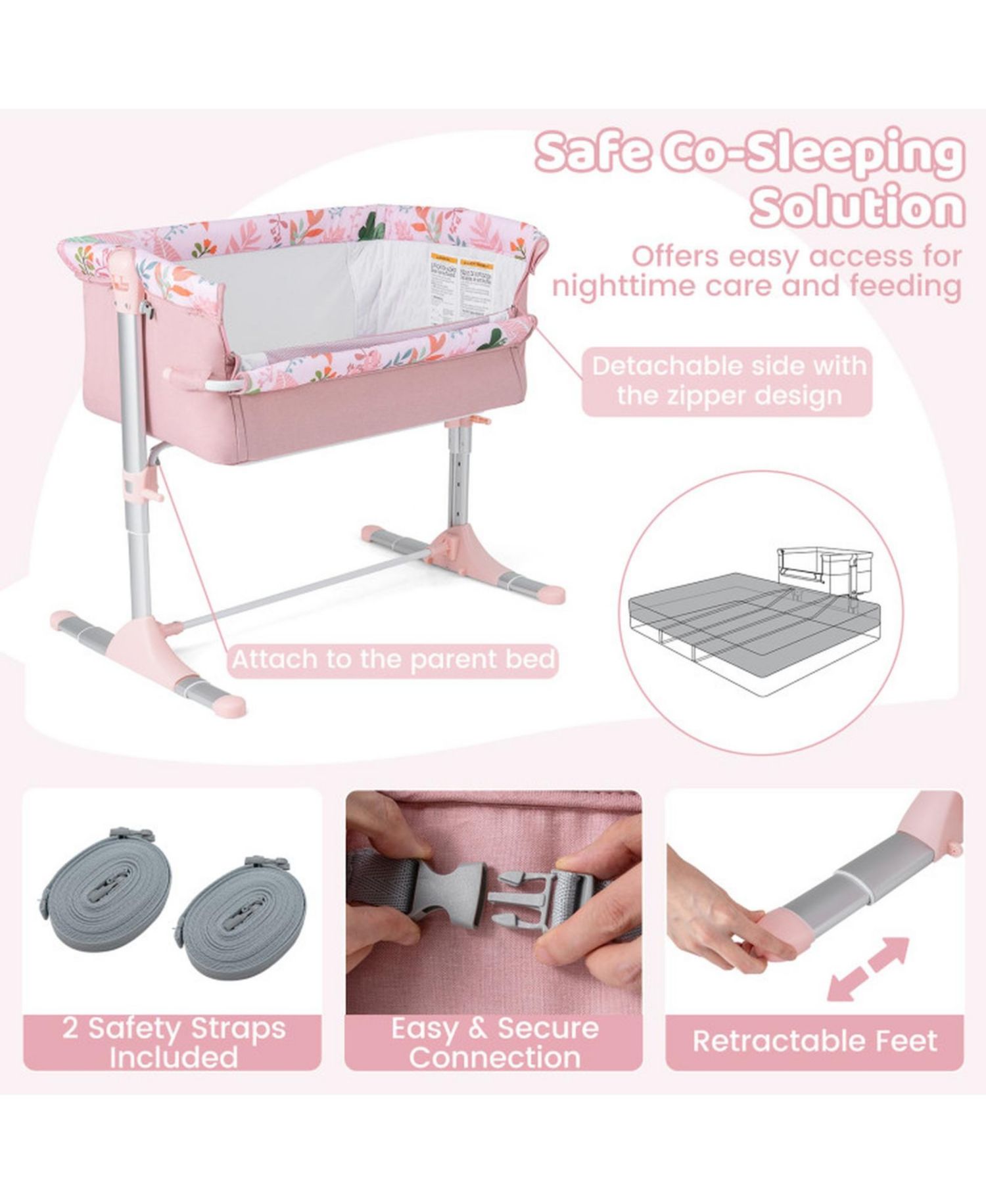 Baby Folding Bedside Bassinet Sleeper with 4 Adjustable Heights