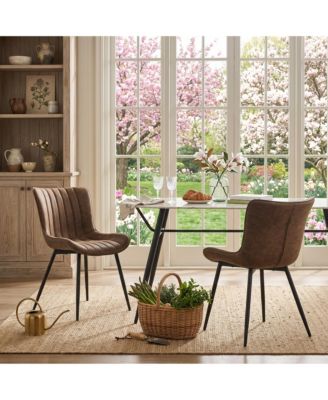 Set of 2 Mid-Century Modern Dining Chairs, Faux Leather Upholstered Seat, Armless, Backrest, Black Metal Legs, for Dining Room