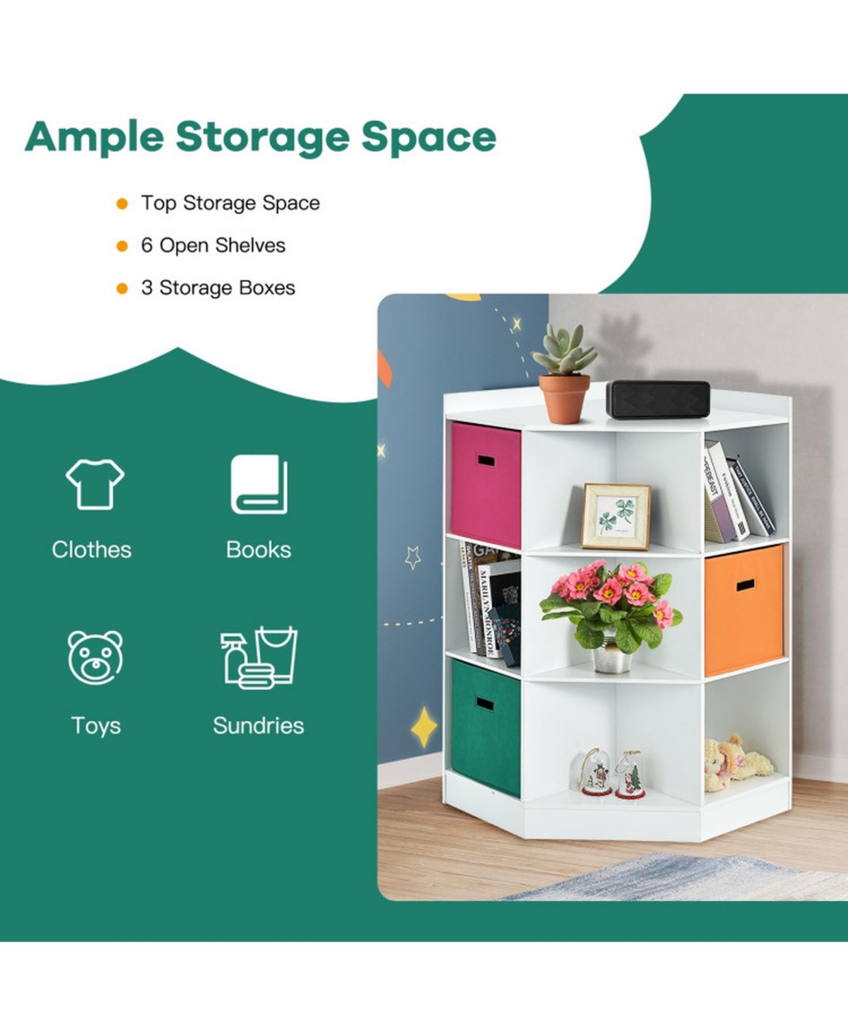 Gouun 3-Tier Kids Corner Storage Shelf Cabinet 3 Baskets Display