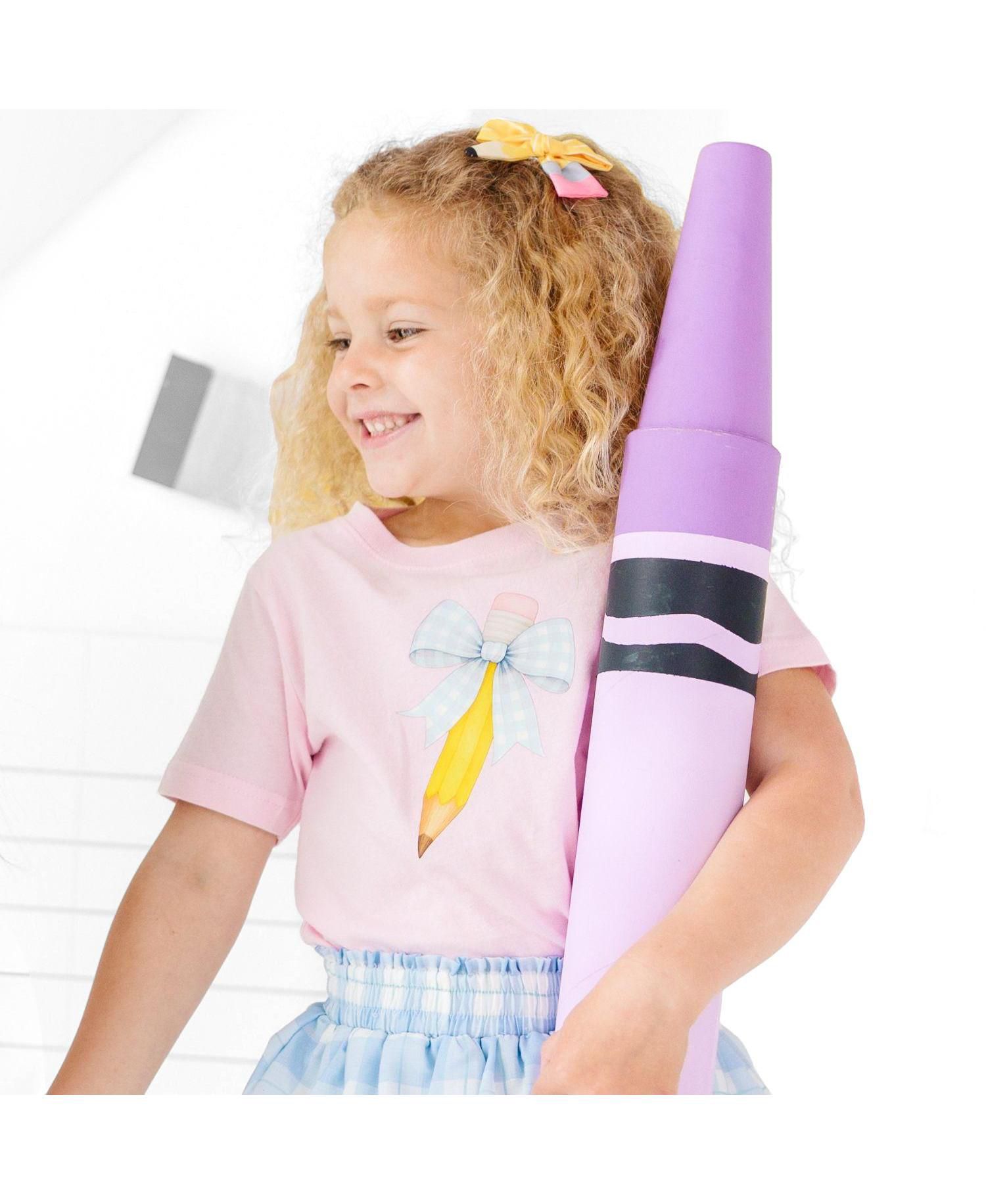 Little Girls Blue Plaid Pencil Bow Short Sleeve T-Shirt