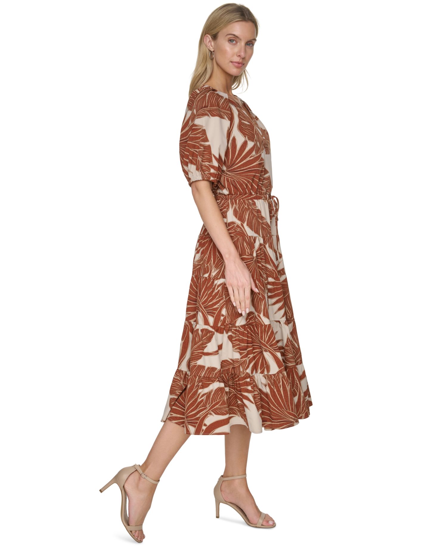 Women's Puff-Sleeve Floral Tiered Midi Dress