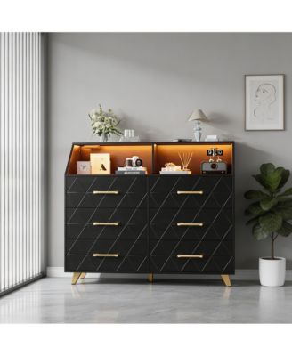 6-Drawer Dresser with Charging Station and LED Lights,Engineered Wood Storage Chest with Gold Metal Legs,Anti-Tip Multi-Functional Home Cabinet