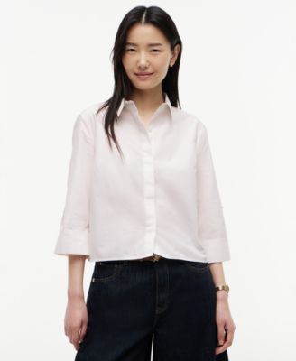 Women's Cropped Collared Roll-Tab Cotton Shirt