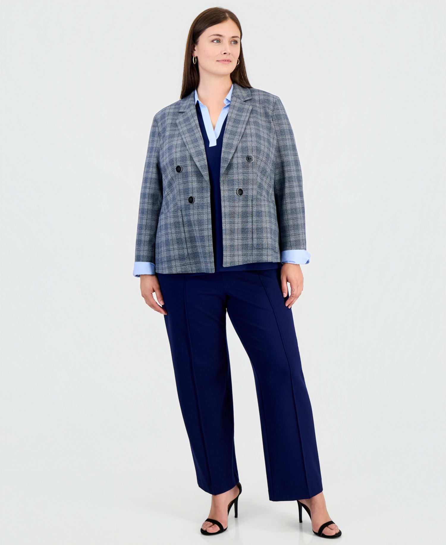 Plus Size Faux Double-Breasted Plaid Patch-Pocket Blazer
