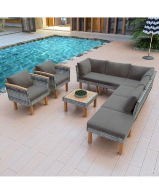 9-Piece Patio Rattan Furniture Set, Conversation Set with Acacia Wood Legs and Coffee Table