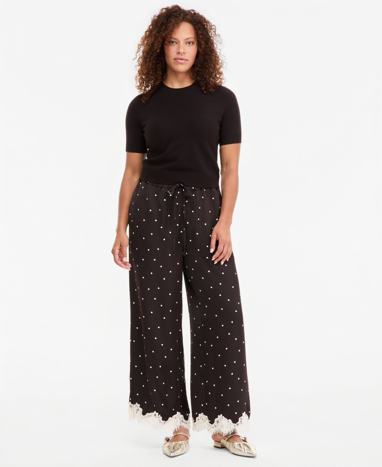 Women's Pull-On Dot Lace-Trim Wide-Leg Pants