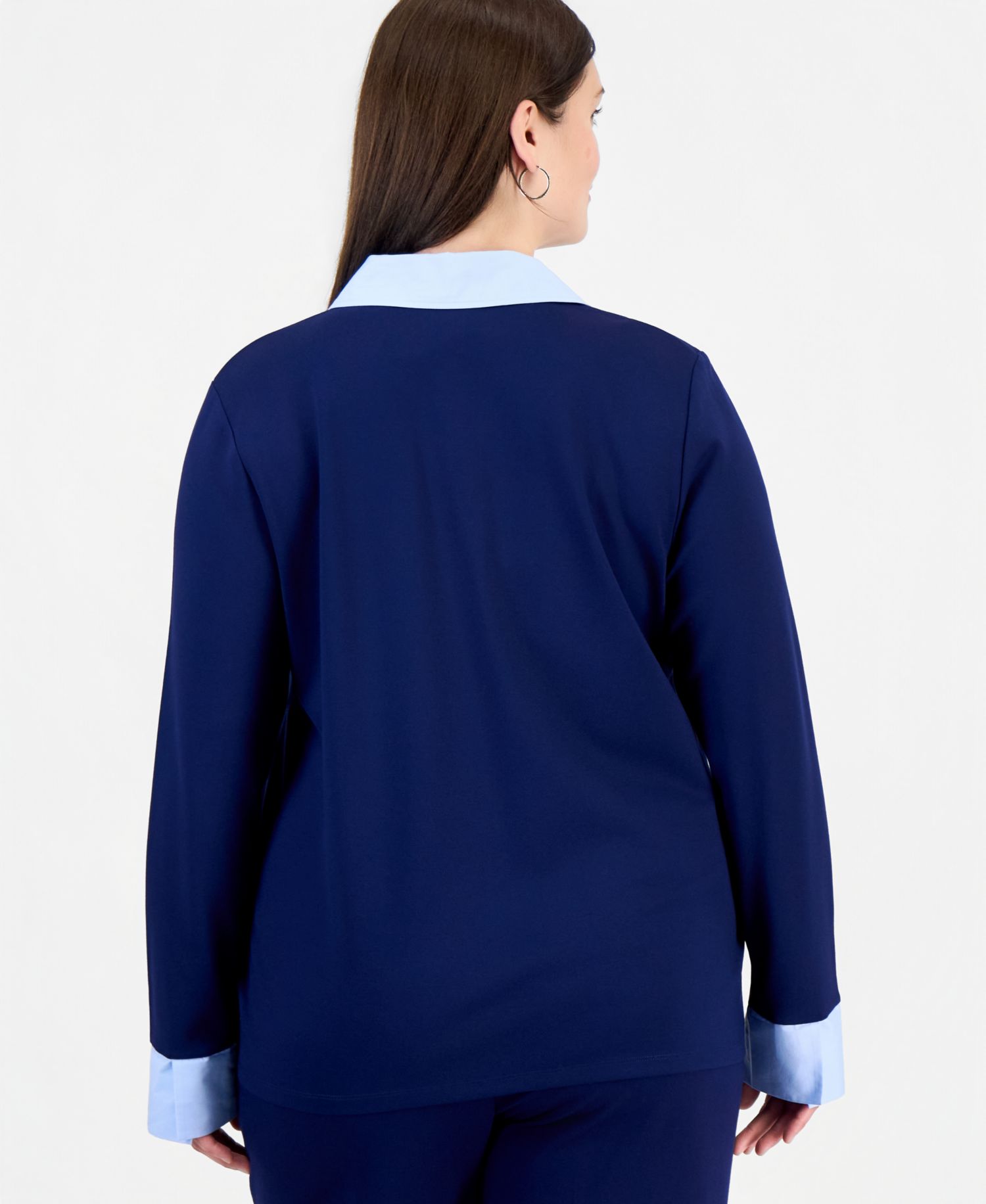 Plus Size Twofer Long-Sleeve Collared V-Neck Woven-Cuff Blouse
