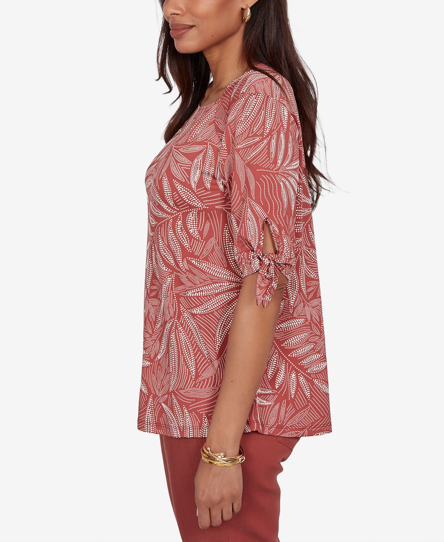 Petite Leaf Puff Print Knit Tie-Sleeve Top