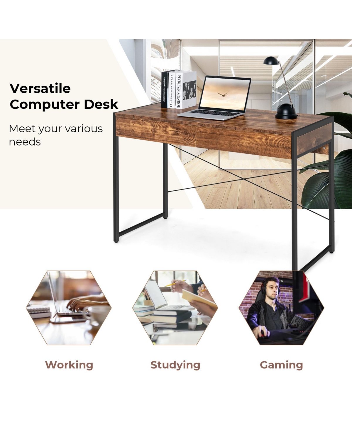 Gouun 2-Drawer Home Office Writing Desk with Reinforced Steel X-Frame