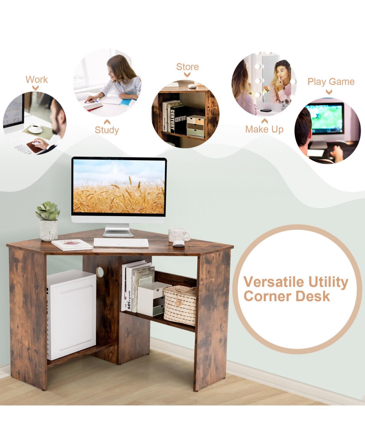 Gouun Triangle Corner Computer Desk with Storage Shelf and Cable Management
