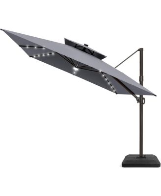 Outdoor Patio 11x11Feet Aluminum Double Canopy Solar Lights Cantilever Umbrella with Base