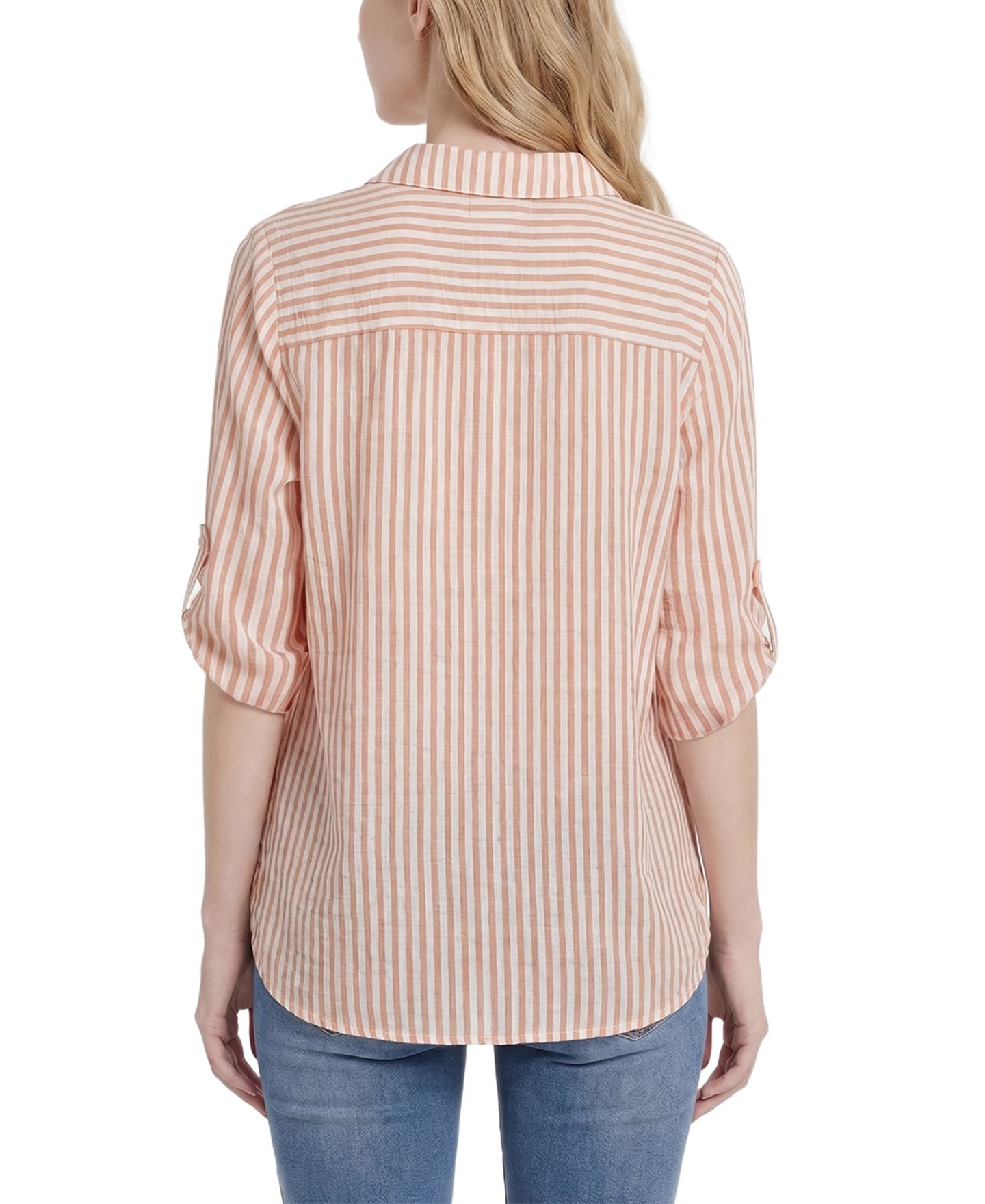 Женская блузка NY Collection Petite 3/4-Sleeve Roll Tab Blouse, цвет: Белый коралловый полосатый — фото 4