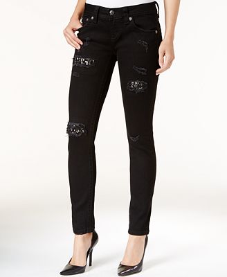 Miss Me Ripped Embellished Black Wash Skinny Jeans - Jeans - Women - Macy's