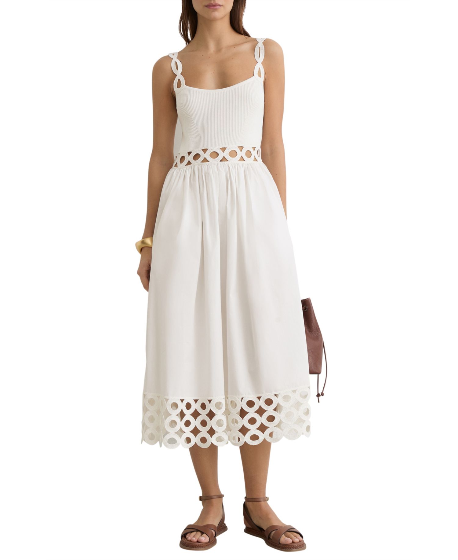 Women's Rib-Knit Woven Mix Cut-Out Midi Dress