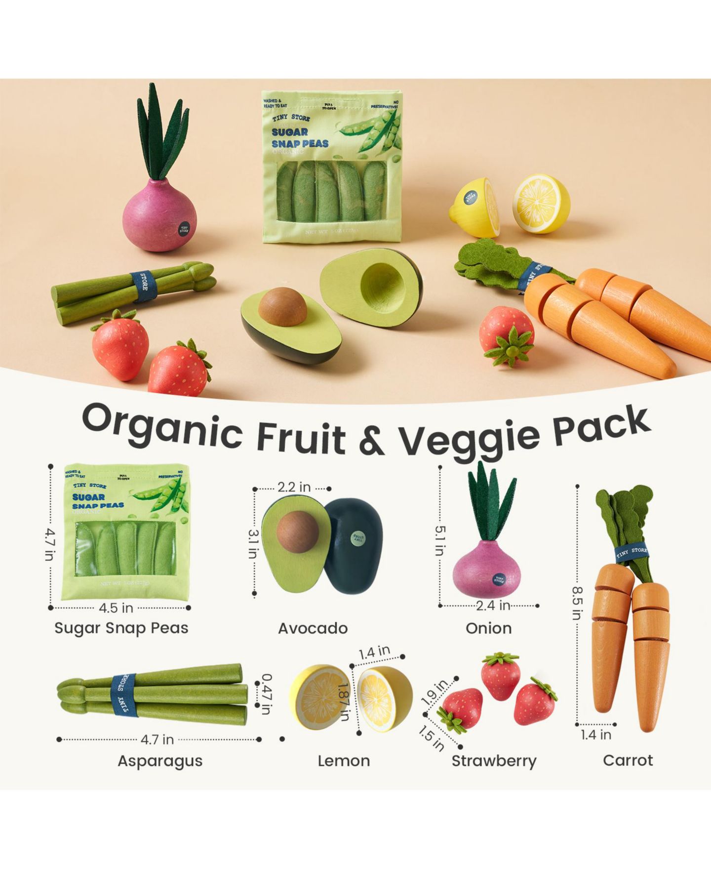 Детские игрушки Tiny Land Natural-Style Wooden 7-Piece Fruit & Veggie Play Set, Ages 2+ — фото 3