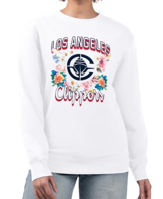 Women's White LA Clippers Flowers Team Logo Graphic Fleece Crewneck Pullover Sweatshirt
