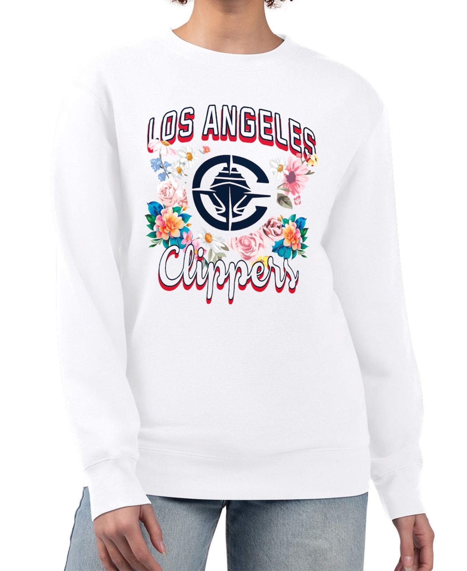 Women's White LA Clippers Flowers Team Logo Graphic Fleece Crewneck Pullover Sweatshirt