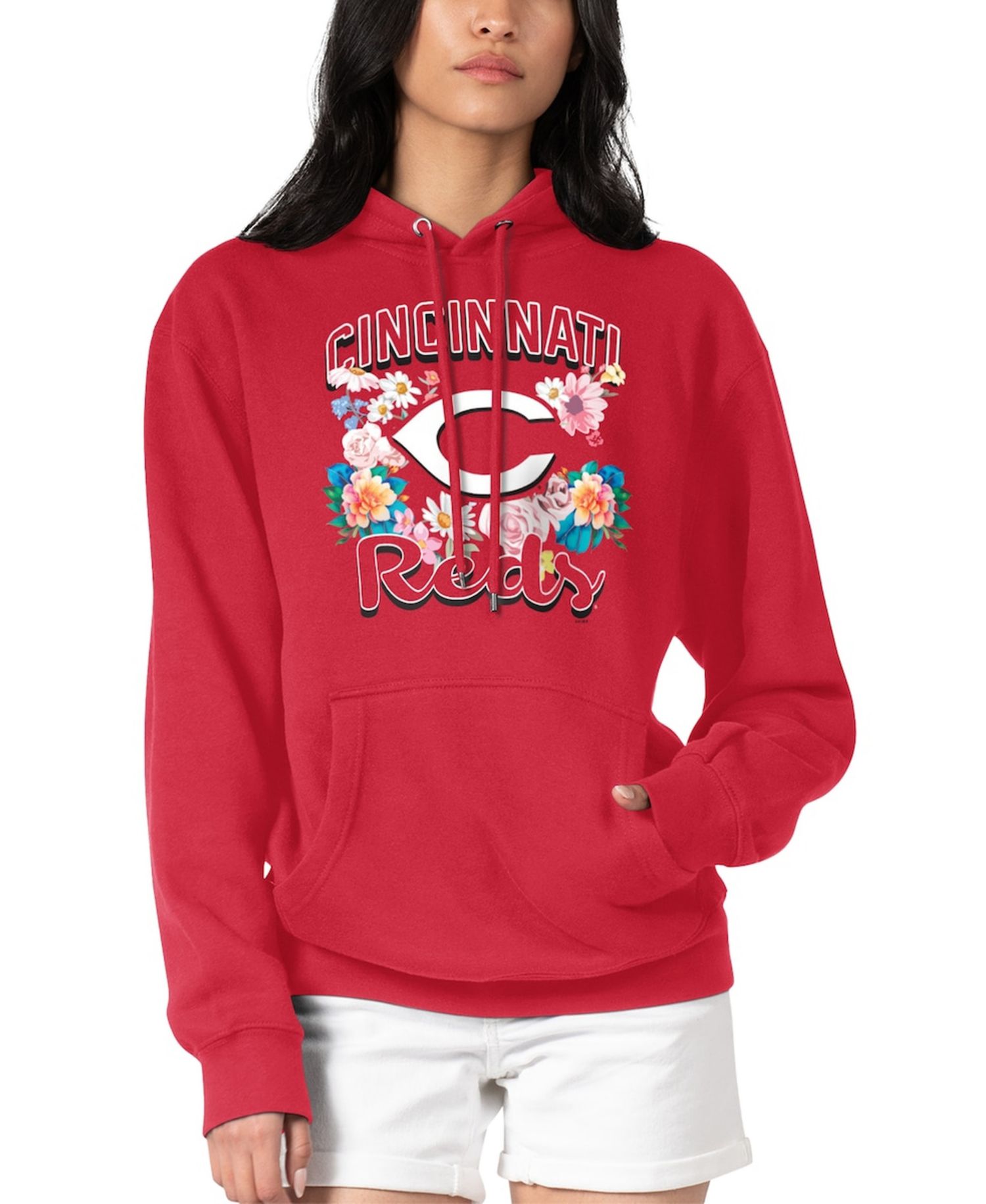 Women's Red Cincinnati Reds Flowers Graphic Pullover Hoodie