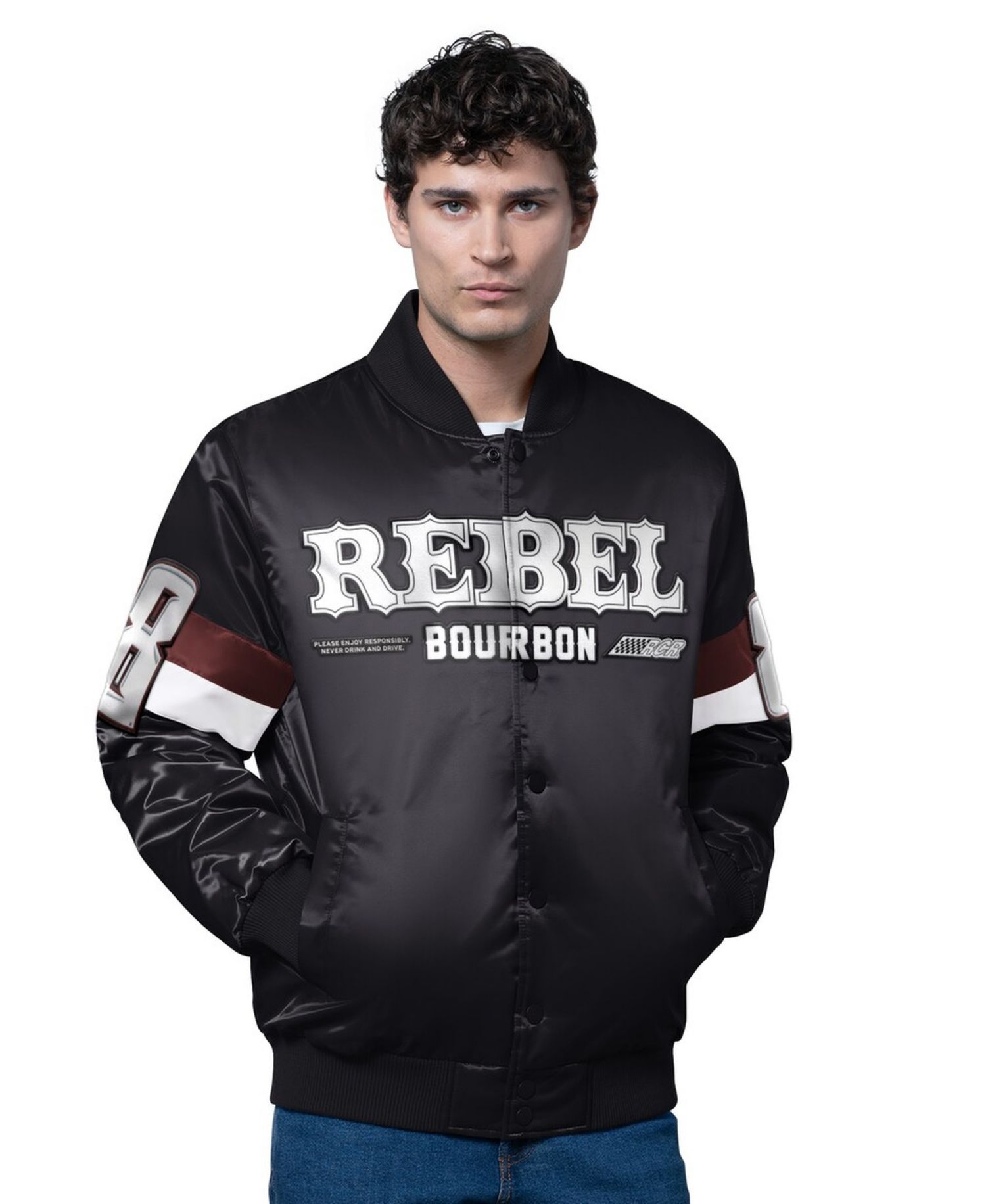 Men's Black Kyle Busch Triple Option Satin Varsity Full-Snap Jacket