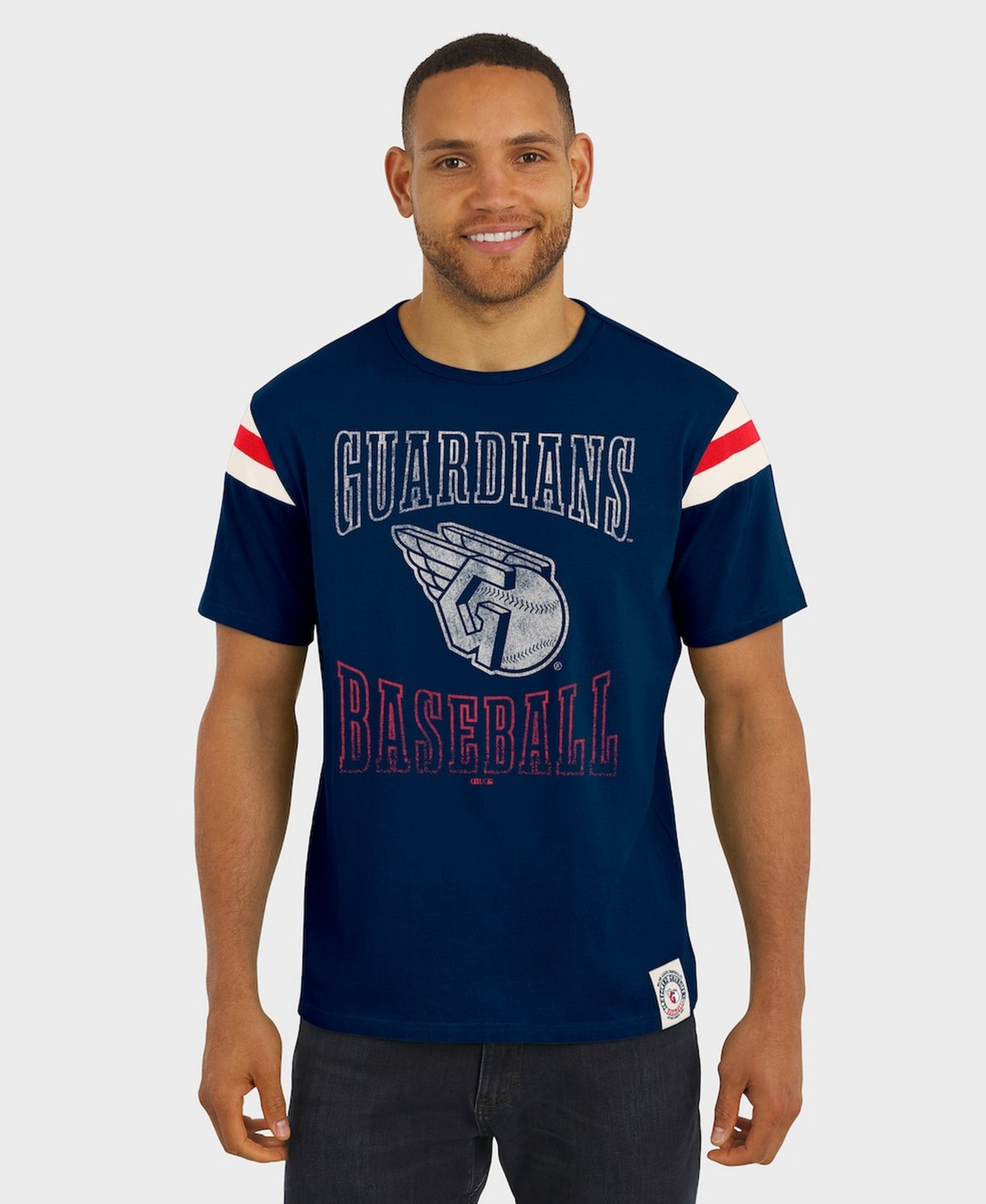 Darius Rucker Collection By Men's Navy Cleveland Guardians Distressed Sleeve Stripe T-Shirt