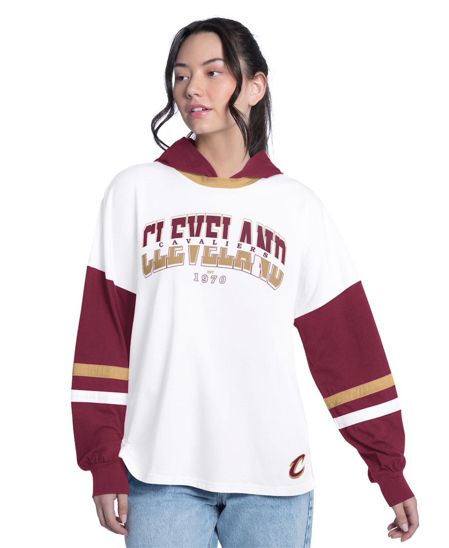 Женская футболка G-III 4Her by Carl Banks White/Wine Cleveland Cavaliers Key Player Oversized Hooded Long Sleeve — фото 1