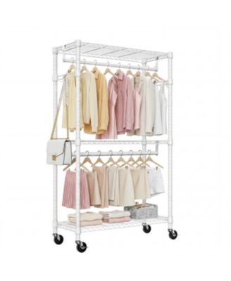 Heavy Duty Rolling Garment Rack 3 Tiers, with 2 Rods and Side Hooks, Adjustable Wire Shelving Clothes Rack, Storage Closet Clothing Rack