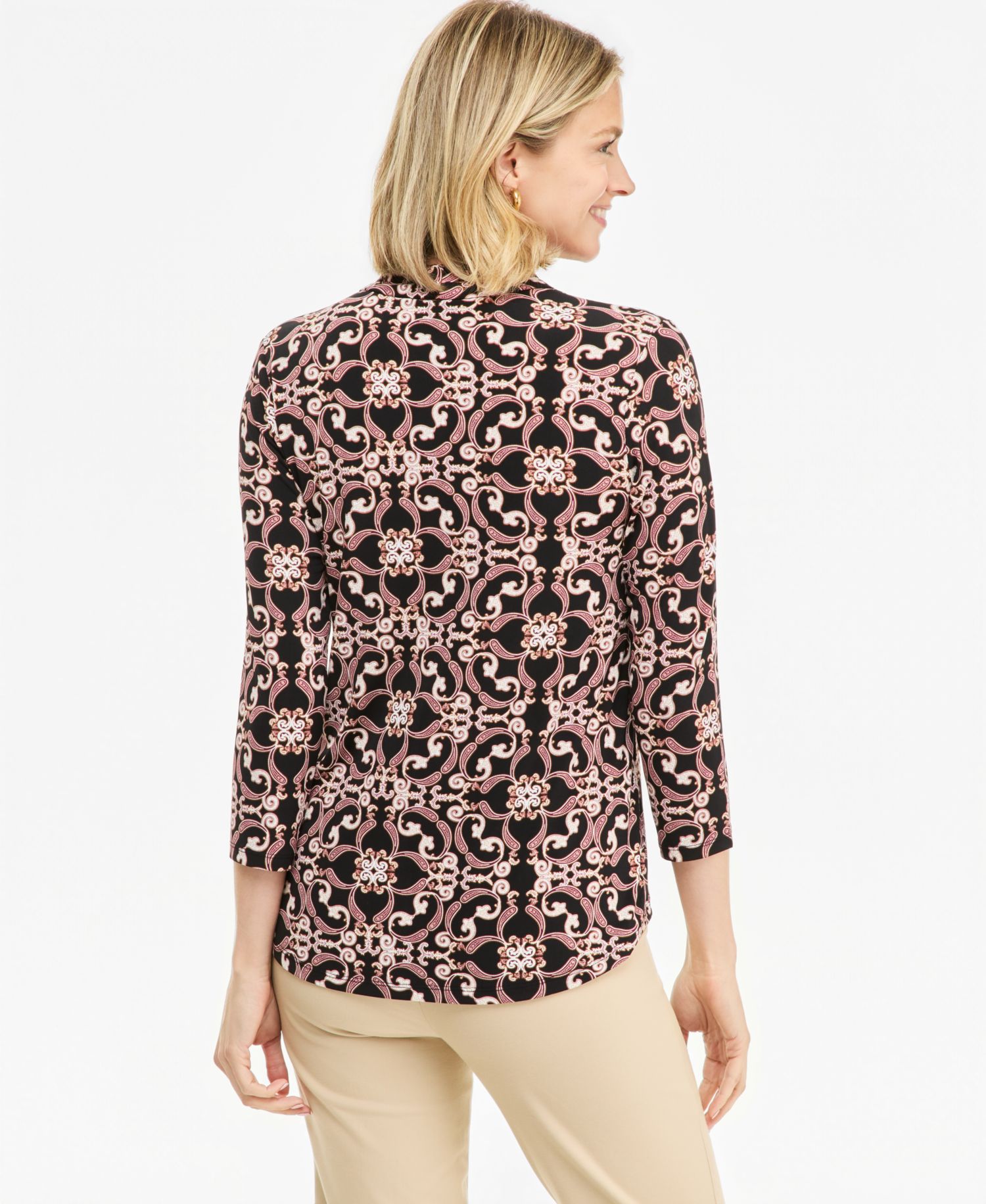 Plus Size Printed 3/4 Sleeve V-Neck Knit Top