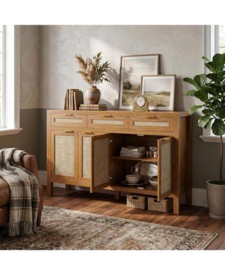 63 Inch Sideboard Buffet Cabinet, Rattan Farmhouse Credenza Storage Cabinet with Doors, Drawers and Adjustable Shelves, Sideboard Cabinet