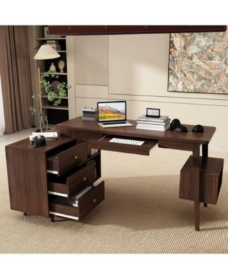 L-Shaped Desk with Storage - 55-Inch Corner Computer Desk with Drawers and Shelves | Adjustable Wood Office Desk in Walnut Finish
