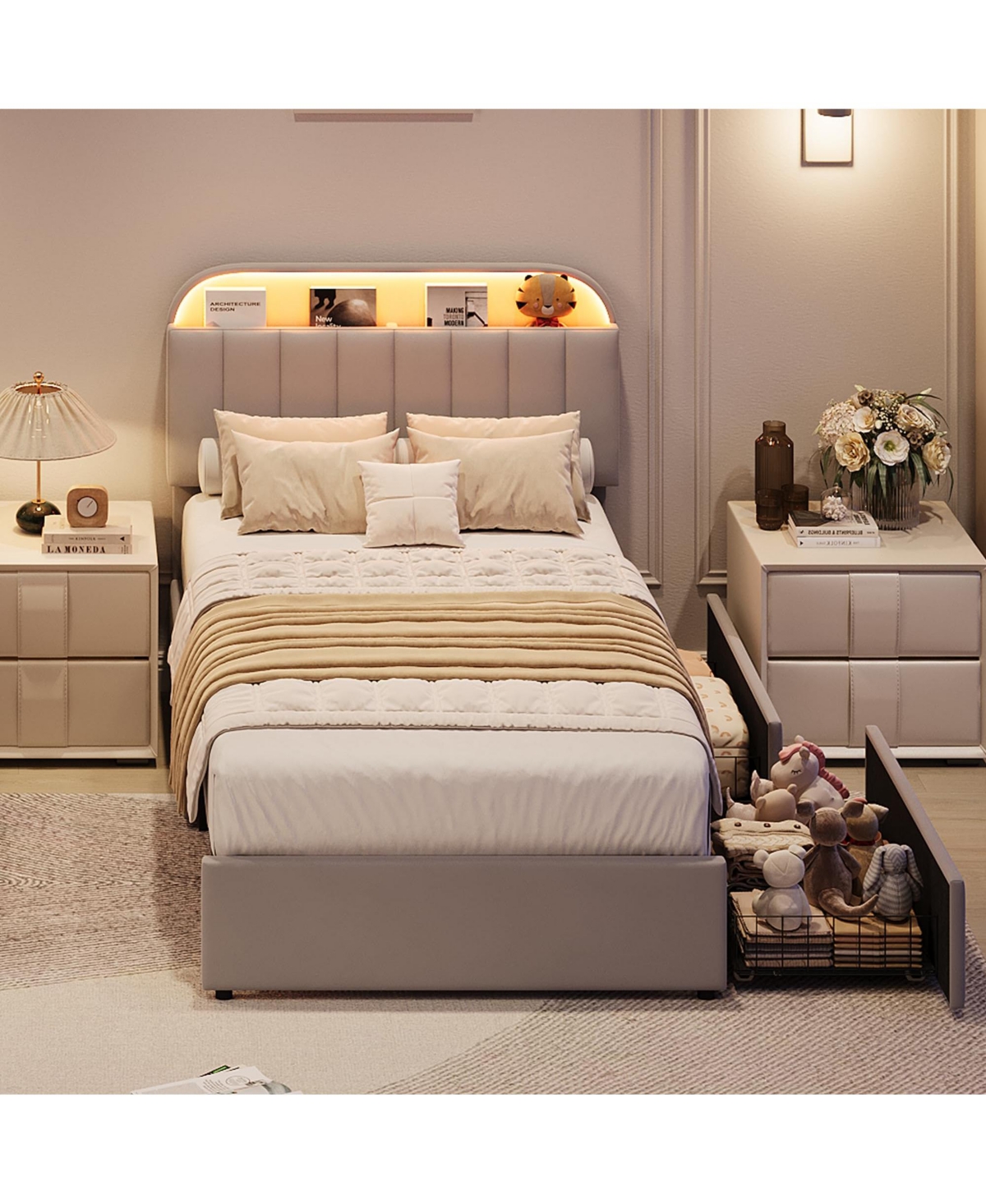 gaomon Bed Frame with Storage Headboard, Kids Bed Frame with 2 Drawers, Velvet Upholstered Platform Bed Frame with Lights