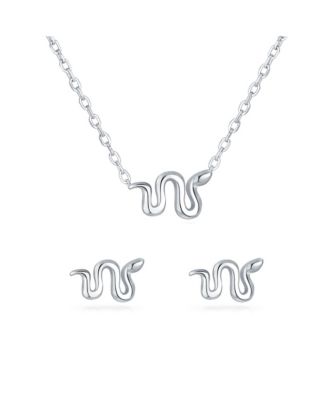 Garden Crawler Reptile Snake Pendant Necklace and Stud Earring Jewelry Set .925 Sterling Silver