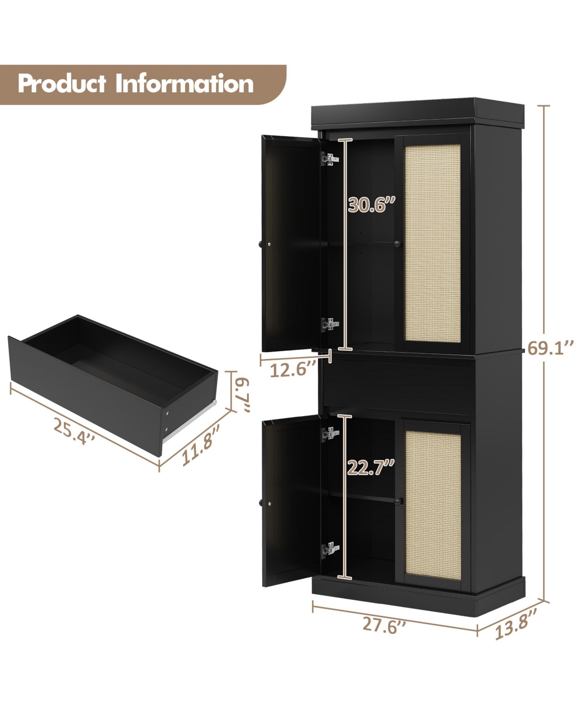 homfan Modern Rattan Pantry Cabinet with Adjustable Shelves and Drawer, Soft-Close Doors, Smooth Slides, Anti-Tip Safety, Freestanding Storage Unit